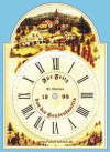 Lackschilduhr-Jubiläumsuhr Faller-Uhren Motiv Sankt Roman Wolfach im Kinzigtal in den Ecken zwei Hasen